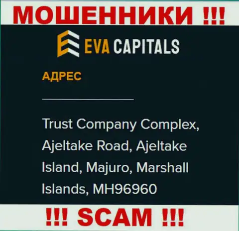 На web-портале ЕваКапиталс показан офшорный официальный адрес конторы - Trust Company Complex, Ajeltake Road, Ajeltake Island, Majuro, Marshall Islands, MH96960, будьте очень внимательны - это мошенники