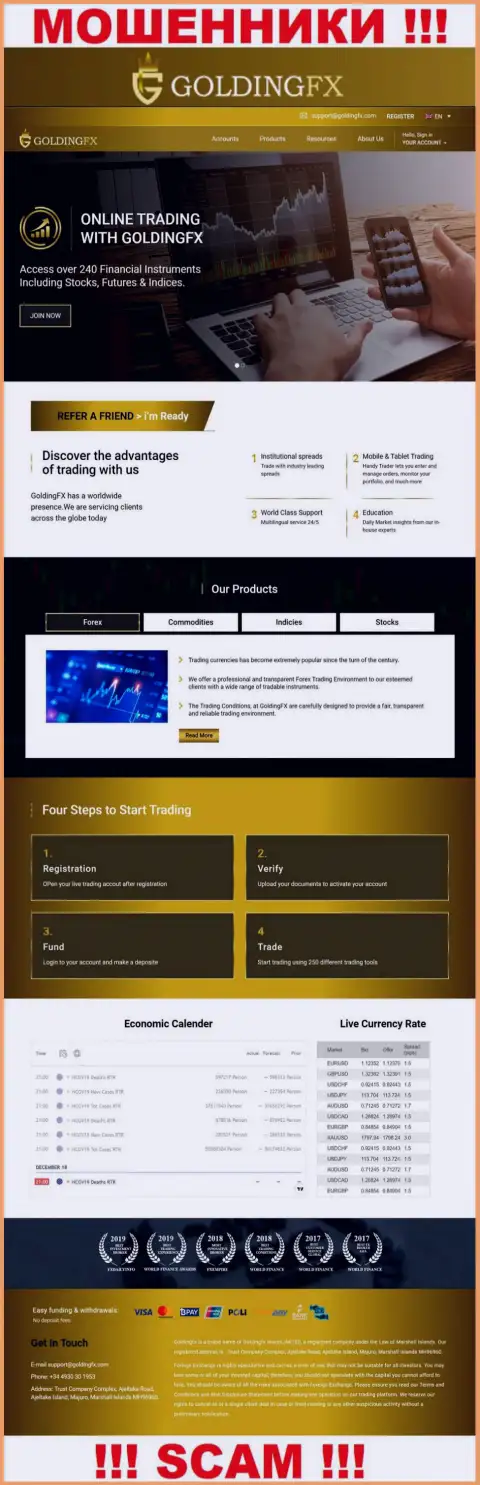 Официальный сайт мошенников Golding FX, заполненный сведениями для наивных людей