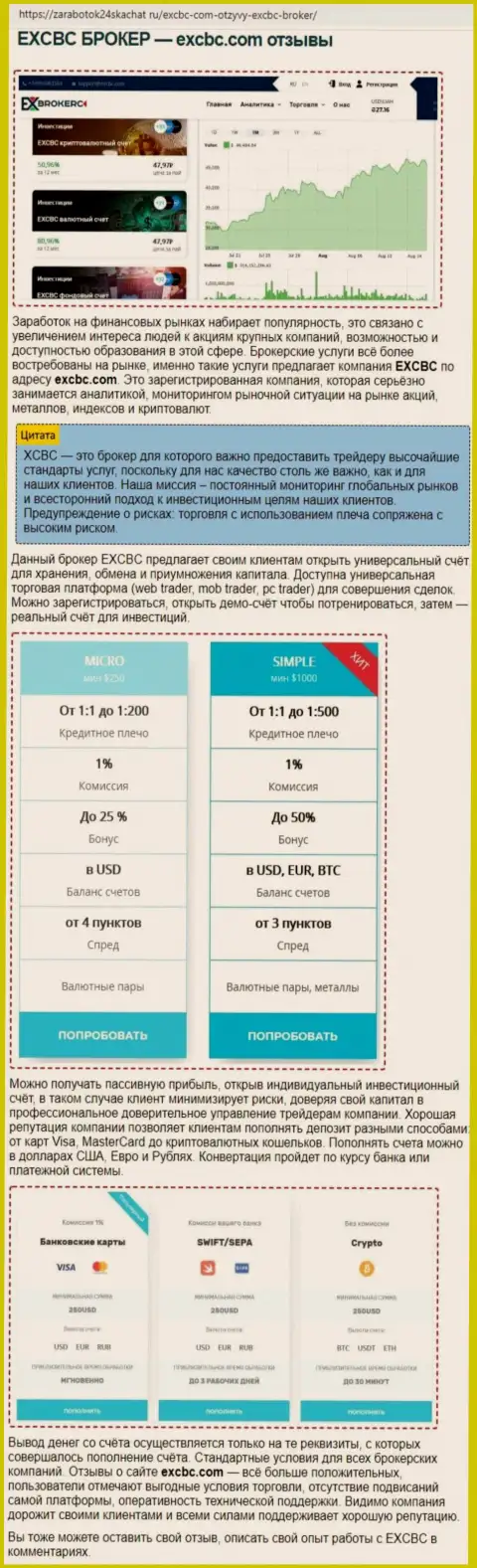 Сведения об ФОРЕКС брокерской компании EXCBC в обзорной публикации на сайте Zarabotok24Skachat Ru