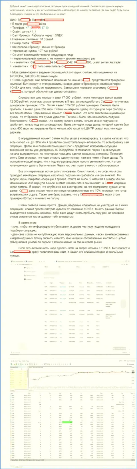 Детальная схема обворовывания клиента мошенниками из 1Онекс Пти Лимитед на денежную сумму в размере 107 тыс. руб.